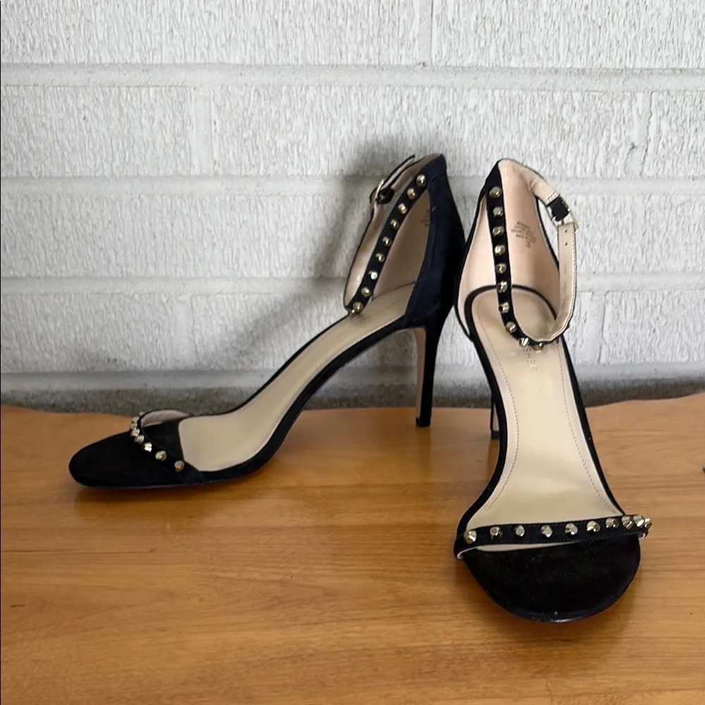 Marc Fisher Black Suede Stiletto Gold Studded Strappy Women's 11M Strappy Ankle